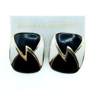 Vintage Black White Enamel Earrings Abstract Geometric Gold Tone Retro